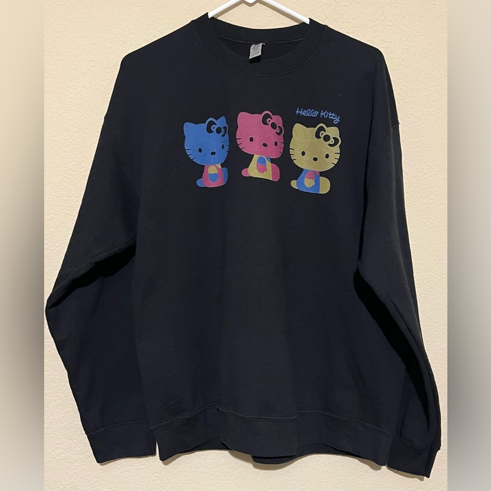 Hello Kitty 3 Colorful Characters Juniors Black Crewneck Long Sleeve Shirt Large